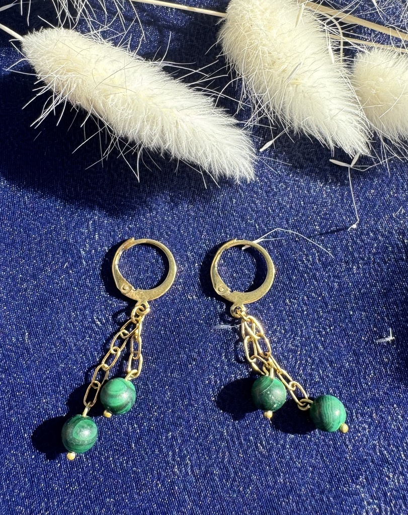 Boucles d'oreilles Malachite, chainette et boucles en acier inoxydable doré