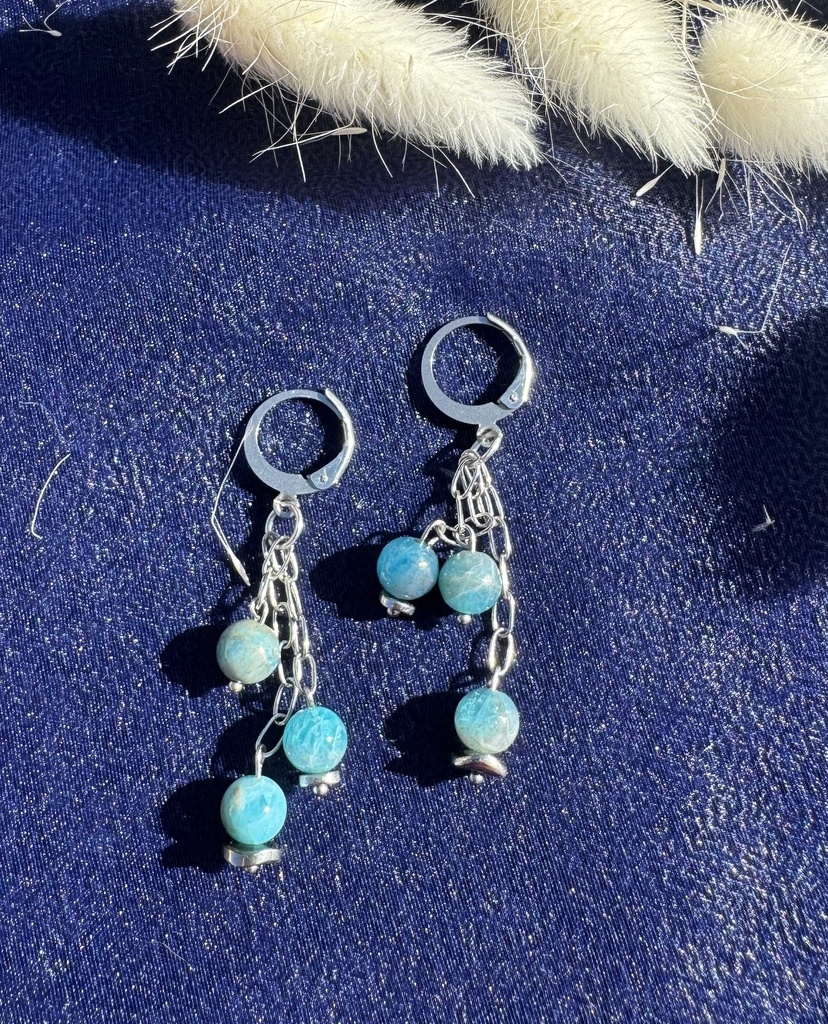 Boucles d'oreilles Apatite, rondelle d'hématite argenté, chainette et boucle en acier inoxydable