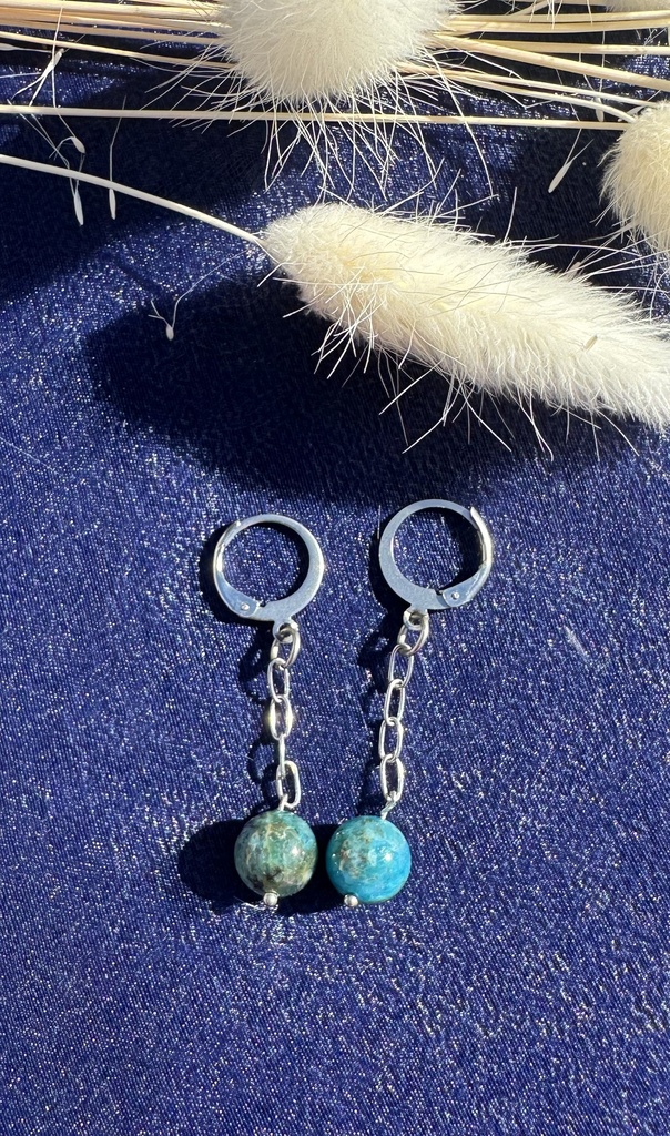 Boucles d'oreilles Apatite, chainette et boucles en acier inoxydable argenté