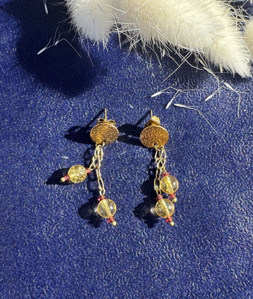 Boucles d'oreilles Citrine et grenat, chainette et boucles en acier inoxydable doré