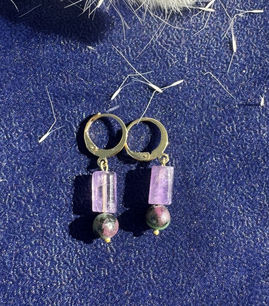 Boucles d'oreilles cylindre Améthyste et Rubis Zoisite, boucles en acier inoxydable doré