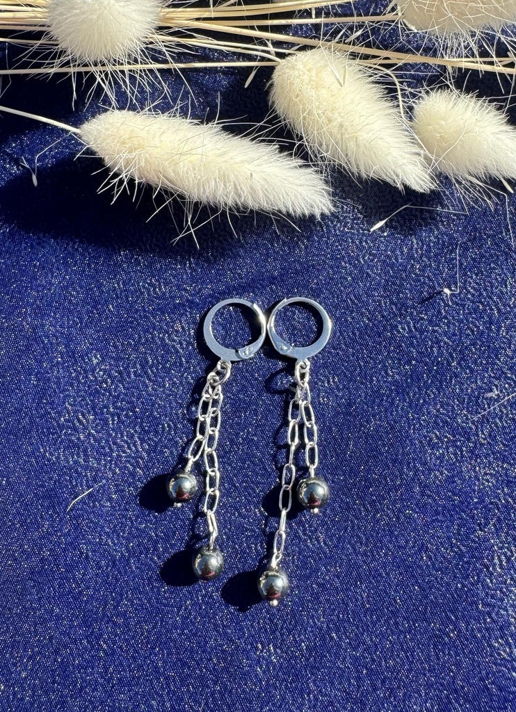 Boucles d'oreilles Hématite, chainette et boucles en acier inoxydable argenté