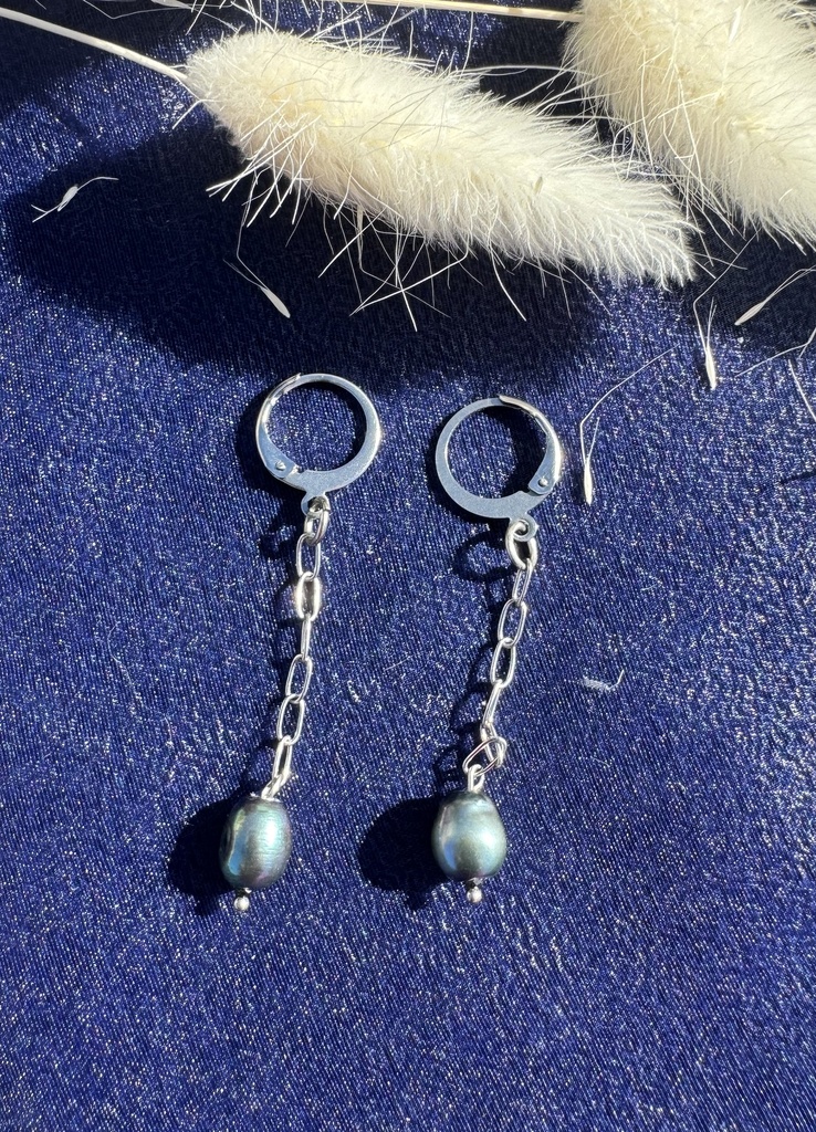 Boucles d'oreilles Perles de culture d'eau douce, chainette et boucles en acier inoxydable argenté