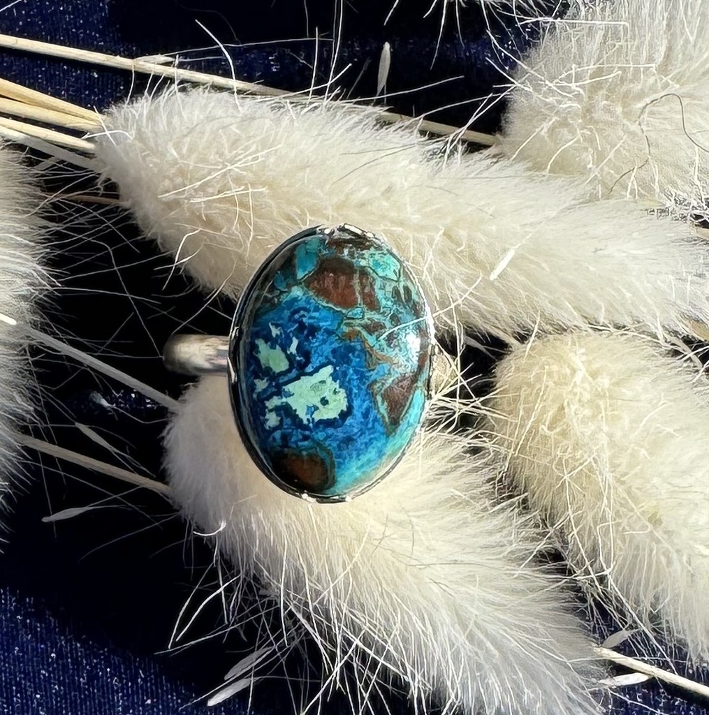 Bague en argent 925, réglable, Cabochon Chrysocolle (pierre naturelle)