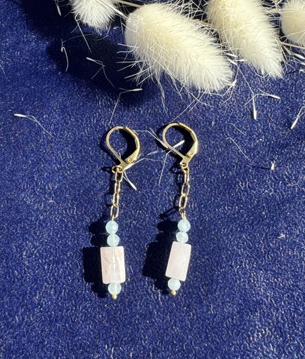 Boucles d'oreilles cylindre Quartz rose et Aigue Marine, chainette et boucles en acier inoxydable doré