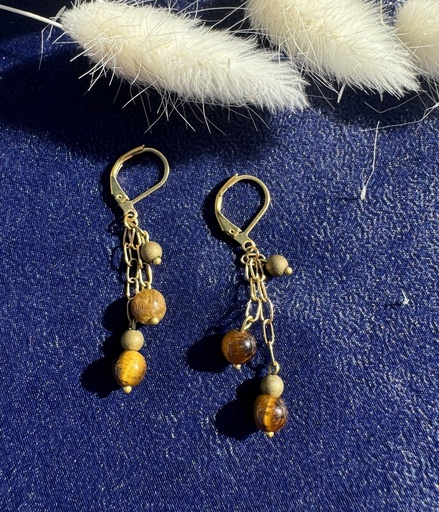 Boucles d'oreilles Oeil du tigre et hématite doré mat, boucles et chainette en acier inoxydable